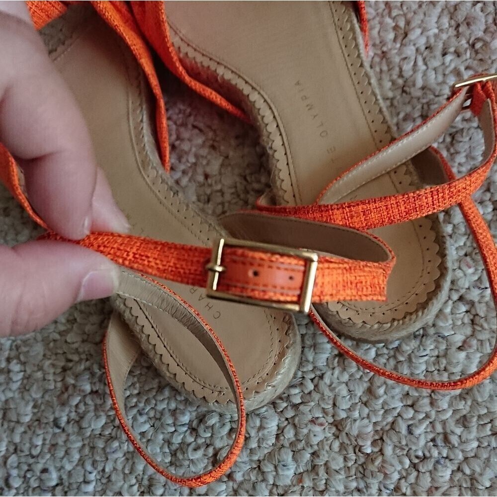 Charlotte Olympia neon orange canvas bow ankle wrap sandals size 8.5 - Picture 5 of 12